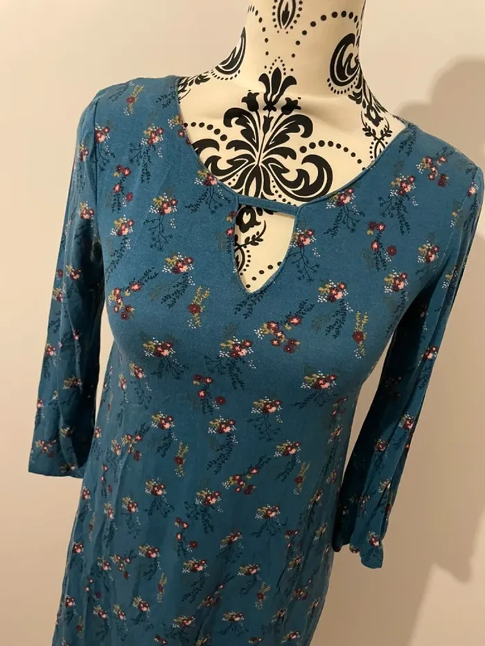 Robe manches 3/4 La Halle taille XS bleu canard à fleurs - photo numéro 2