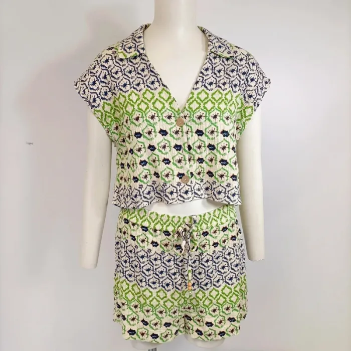 Ensemble ZARA coton imprimé ethnique vert bleu M haut boutonné + short taille cordon A567