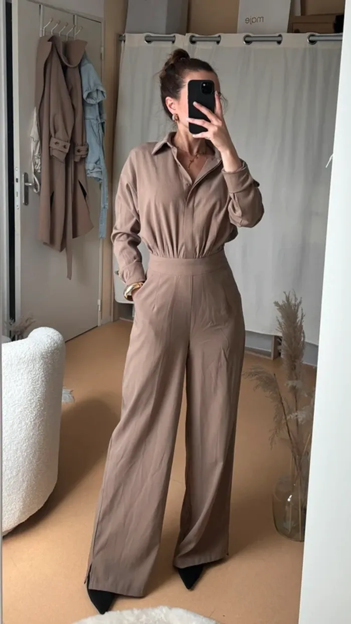 Combinaison style chemise oversize prettylittlething taupe - photo numéro 2
