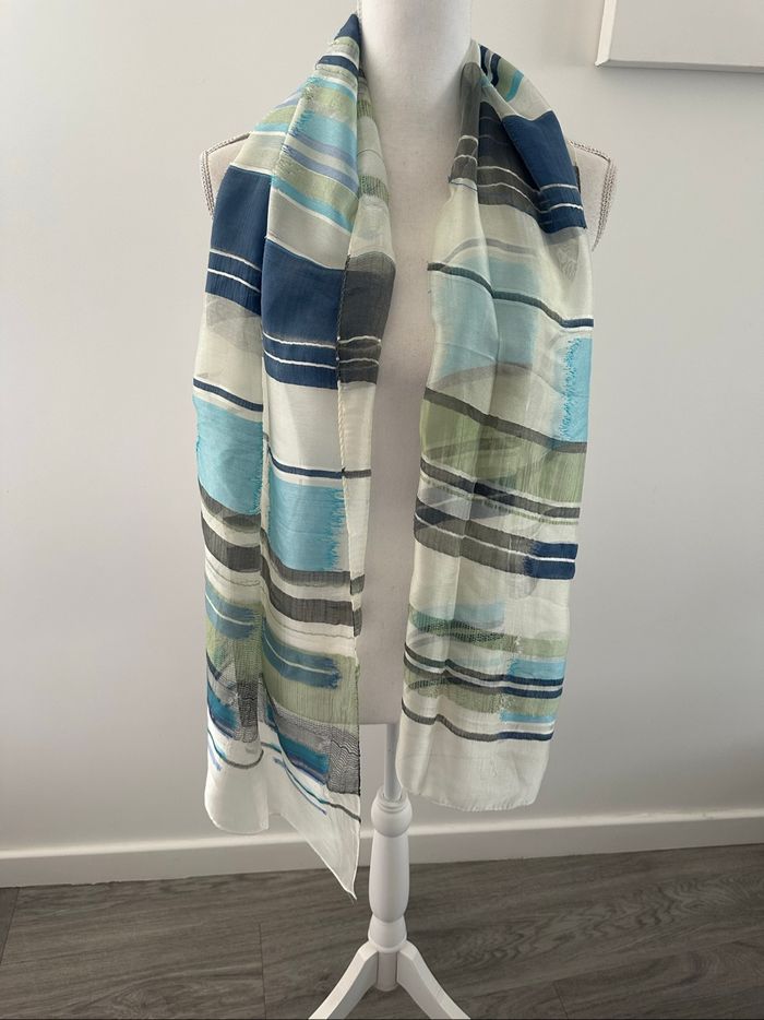 Foulard étole en soie bleue verte et blanche Vintage 45x170cm - photo numéro 2