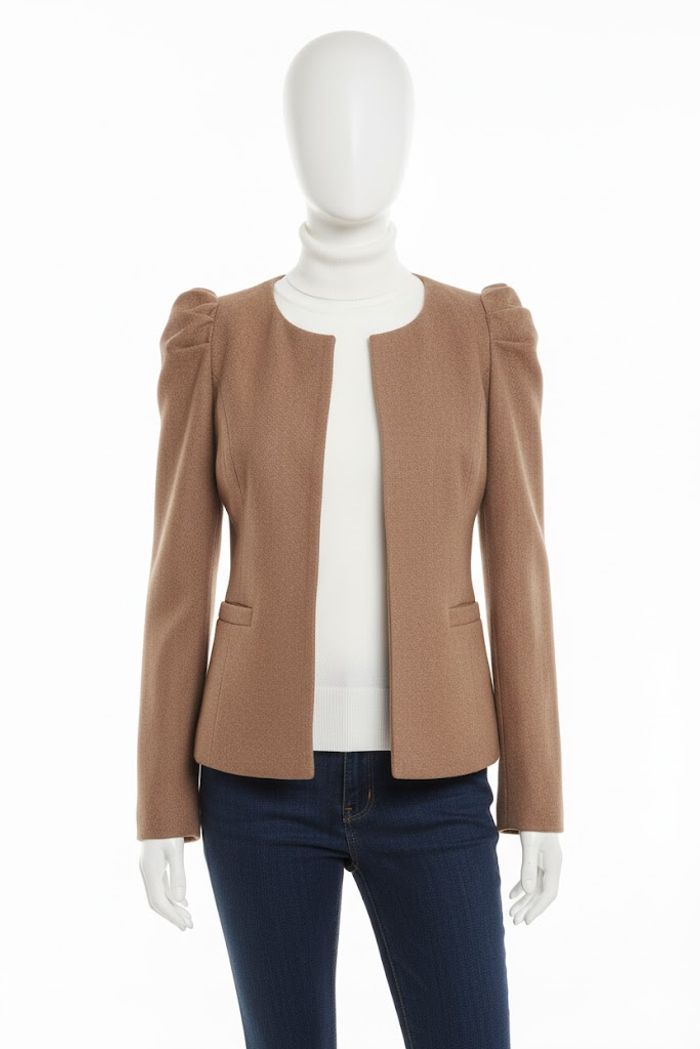 Veste Courte Chic Camel Épaules Structurées – Tissu Texturé/Tweed