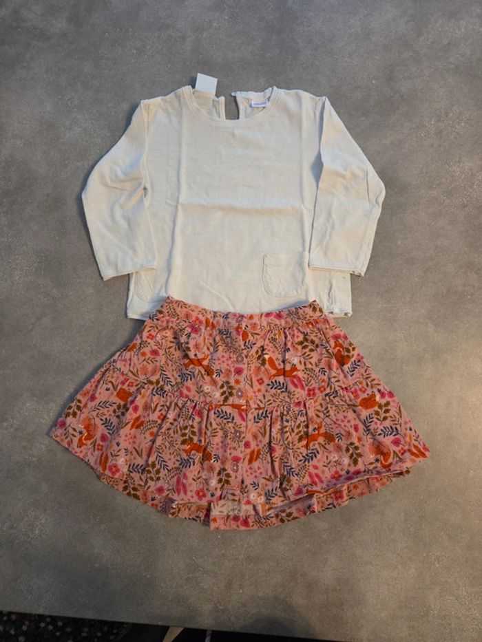 Ensemble 2pièces fille jupe rose motifs Tshirt manche longue blanc T3ans TBE dpam zara