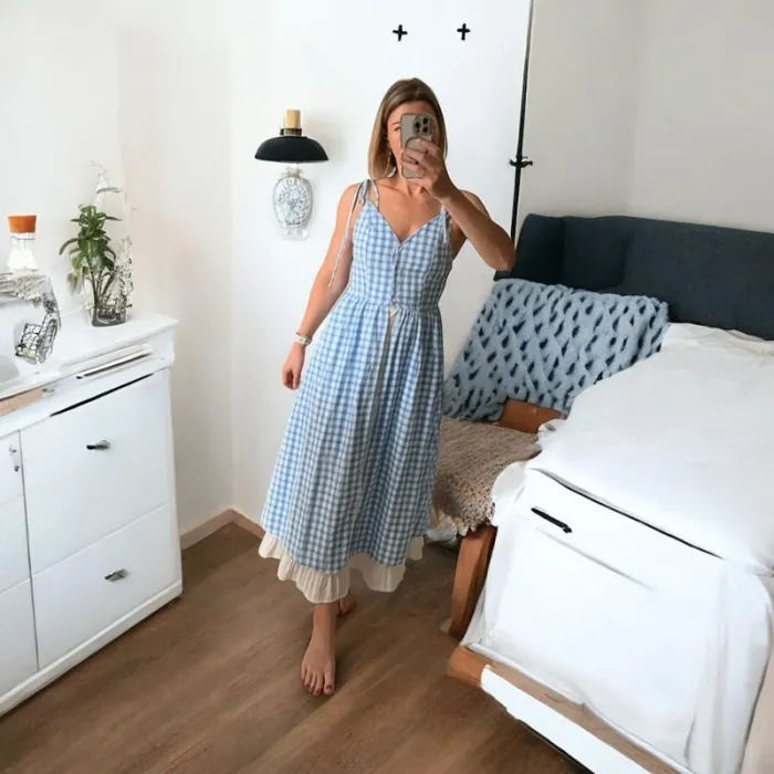 Robe longue vichy bleue à nouer – esprit cottagecore été 🤍 S