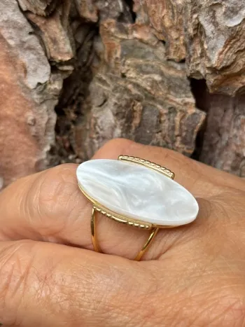 Grande bague réglable pavé blanc nacré acizg inoxydable or réglable