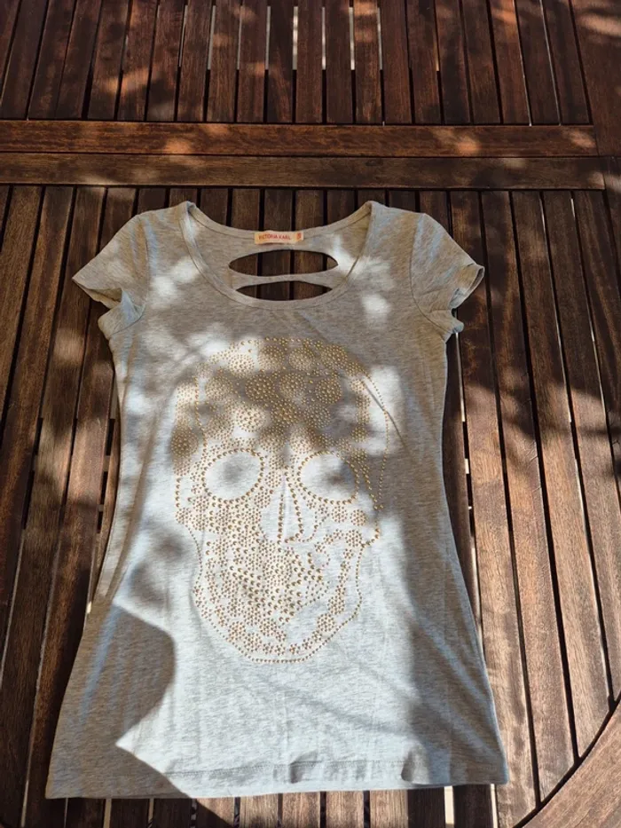 T-Shirt Tête de Mort gris coton T.36/38 - photo numéro 3