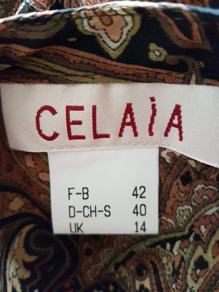 Chemisier voile transparent motifs cachemire marrons et noirs, aisselles 51 cm, Celaia, taille 42 - photo numéro 4