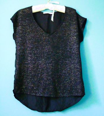 t-shirt femme promod noir argenté S 36 fluide manches courtes TBE