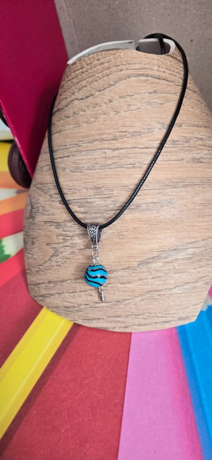 Collier perle duo noir et turquoise fimo neuf - photo numéro 4