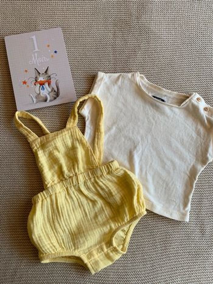 Ensemble T-shirt bloomer gaze de coton jaune kiabi 1 mois