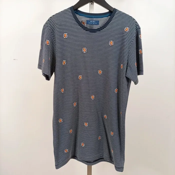 T-shirt rayé bleu marine Bleu Isle Bleu taille M, coton, broderies fleurs orange et col rond A1238