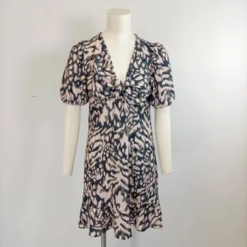 Robe print animal fauve Neuve- manches ballon, décolleté en V taille 38 - kaki, rose A281