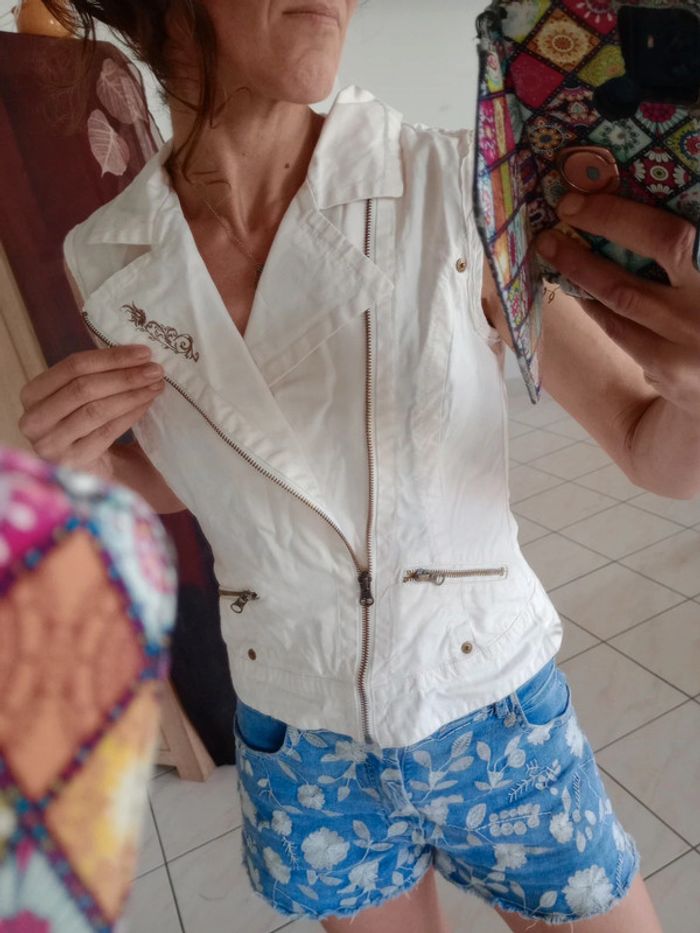 Veste jean sans manche blanc cassé " Kingston town" c85 - photo numéro 7