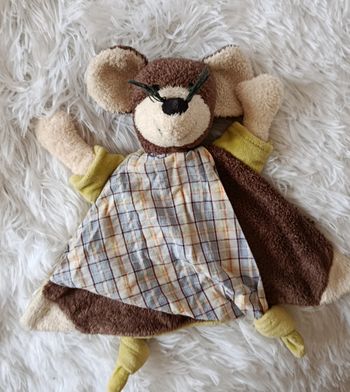 Doudou plat souris  triangle marron,blanc et vert - tissu Vichy - Sterntaler 