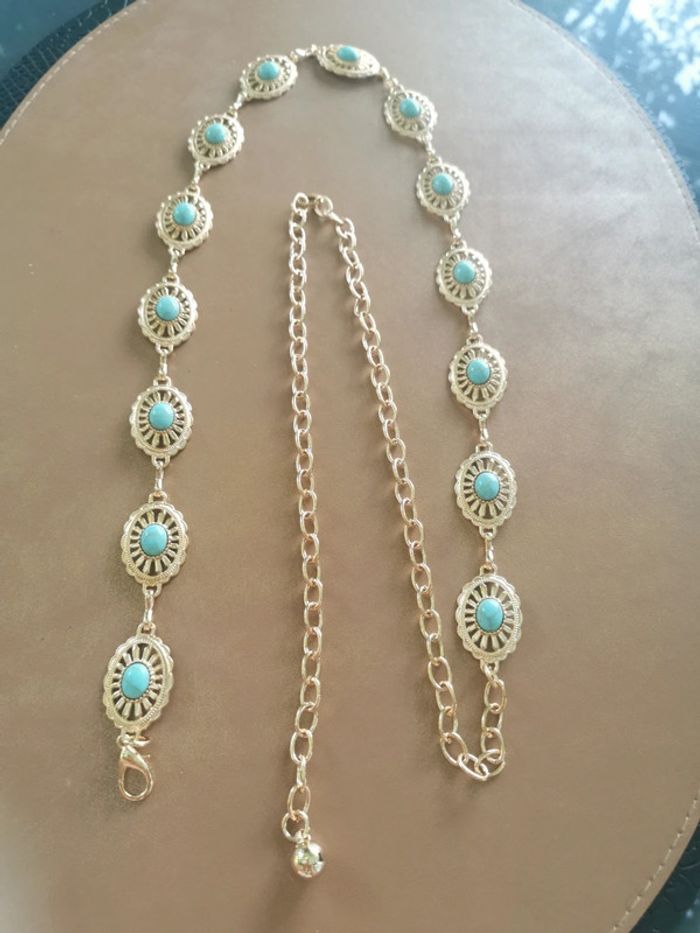 Ceinture Métal femme dorée et bleu turquoise