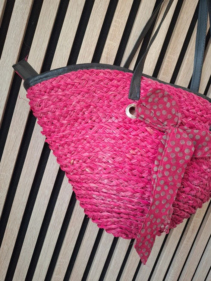 Sac cabat bandoulière rotin maille rose fushia - photo numéro 4
