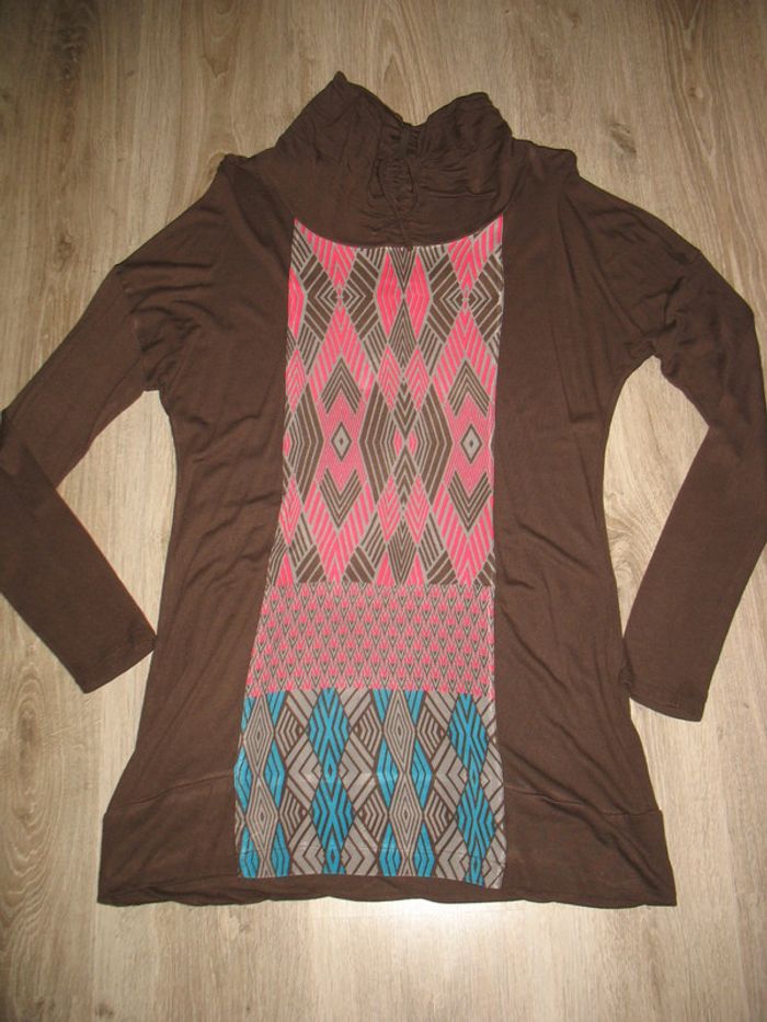 TUNIQUE ML MARRON AVEC MOTIFS "MISS CAPTAIN" - TAILLE 40 - n°01