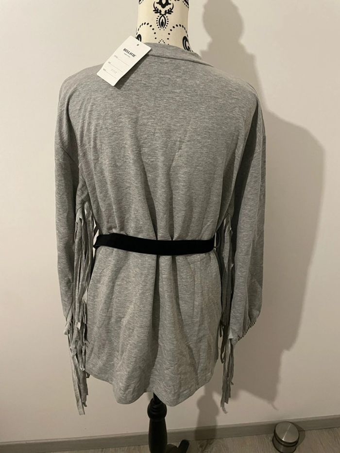 Pull sweat long gris à manches longues à frange western ceinture noir neuf Bellavie taille 40 - photo numéro 5