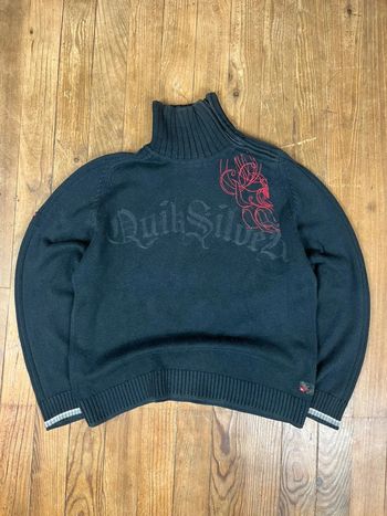 Pull maille zip vintage Y2K Surfwear Quiksilver noir brodé XL coton