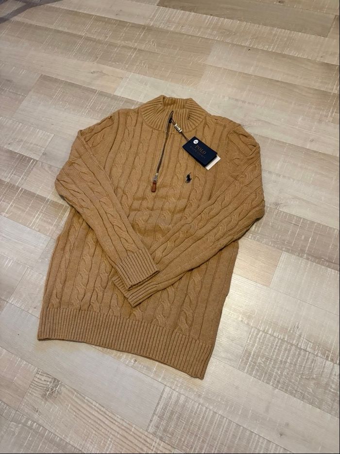 Pull torsadé Polo Ralph Lauren en laine half zip demi zip 1/4 zip camel/marron neuf taille L