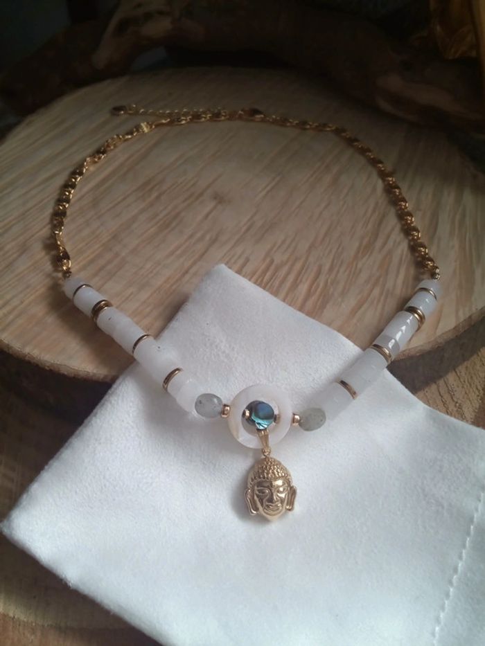 Collier labradorite jade blanche boudha - photo numéro 7