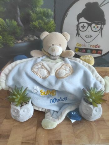 Ours Bear Marron Bleu Baby Nat' Super doudou plat mouchoir  BN302 #geektradedoudou