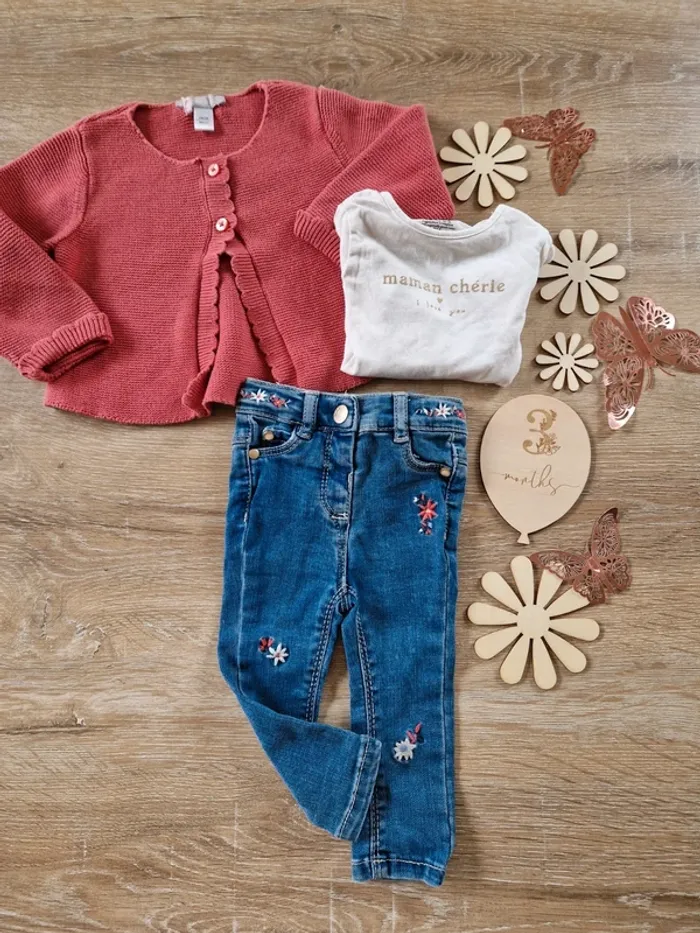 Ensemble t-shirt gilet jean TAO bébé fille 3mois