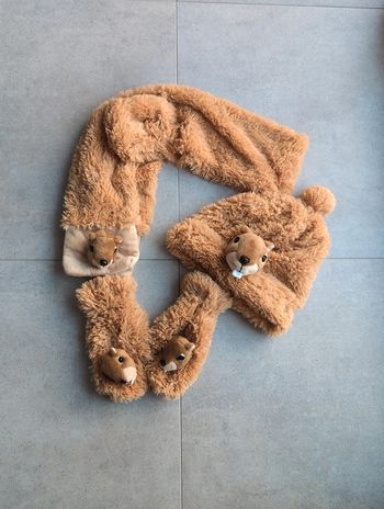 Ensemble bonnet/écharpe/moufles marmotte