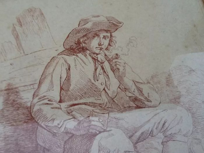 Ancienne gravure à suspendre façon sanguine " Le fumeur " l' homme à la pipe - photo numéro 2