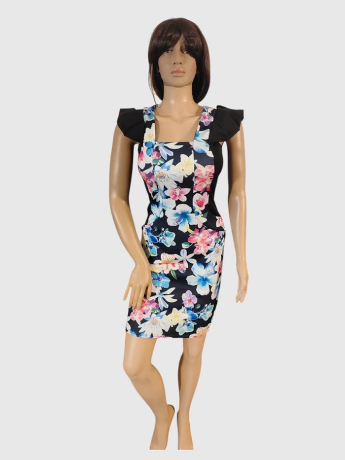 Robe Quiz Noire à Fleurs Colorées, Taille M