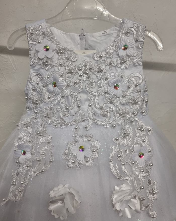 robe cérémonie mariage fille buste fleuri et bas en tulle pailleté fille d'honneur blanche taille 3 ans - photo numéro 2