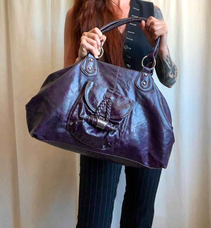 Sac à main porté épaule fourre tout violet foncé prune vintage 90s - photo numéro 3