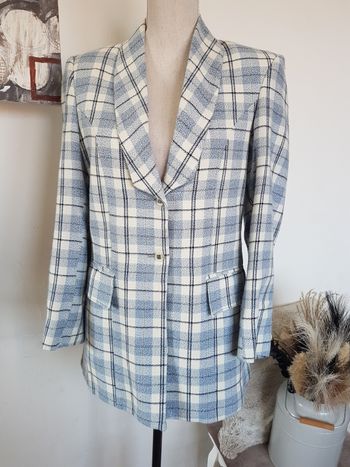 Blazer femme vintage carreaux bleu et blanc cassé, doublé, épaulettes, boutique privée, taille M/L.