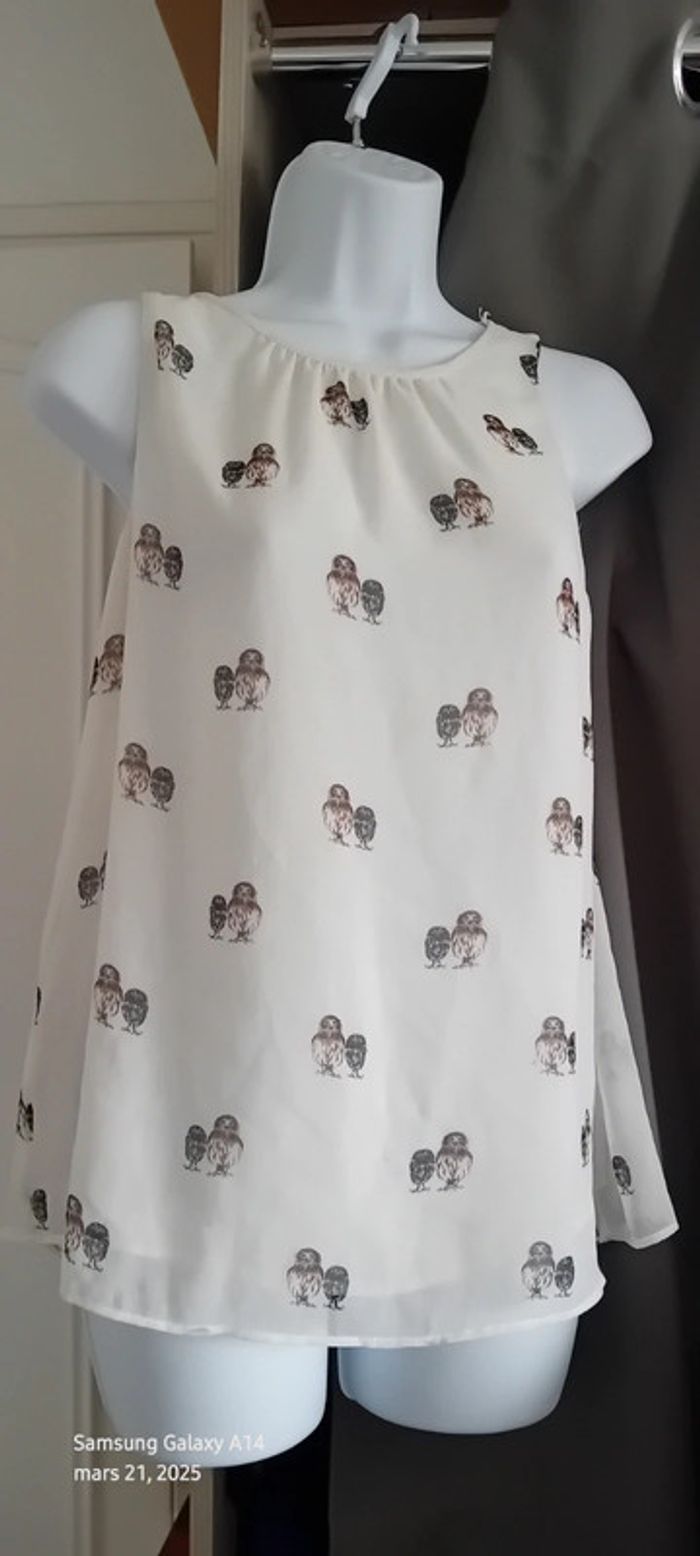 Blouse sans manches dos ouvert motif chouettes femme S trafaluc zara