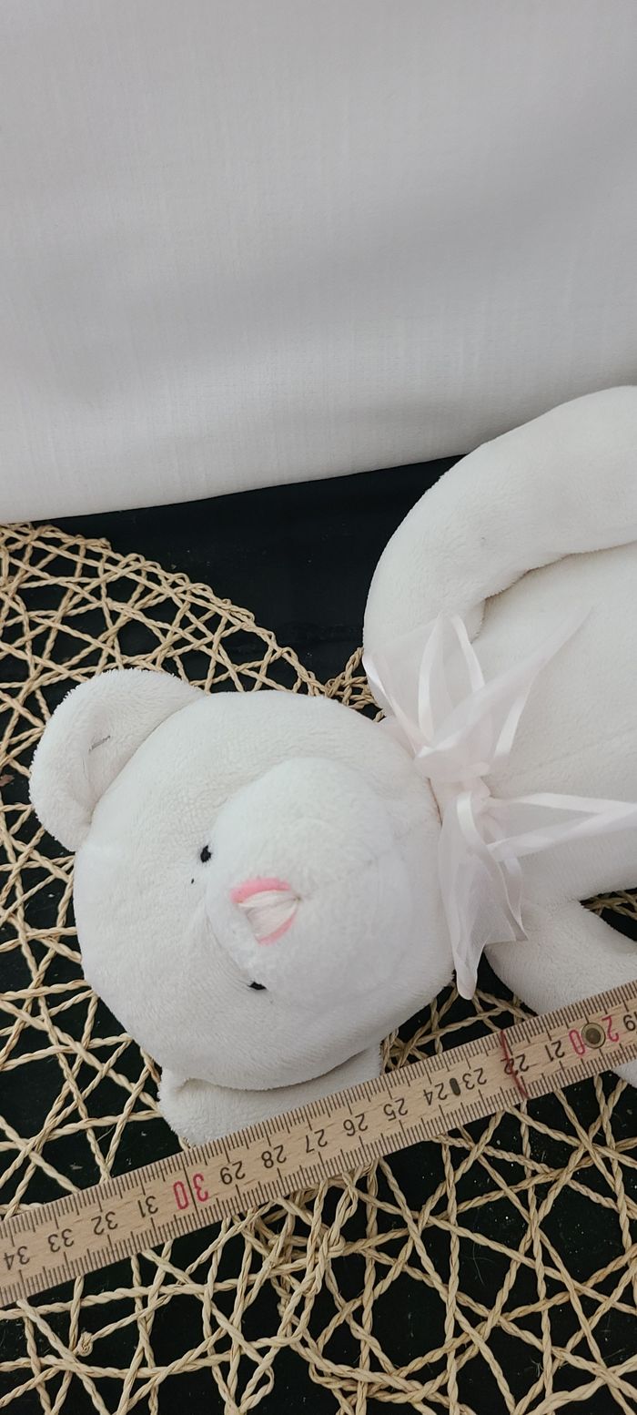Doudou peluche ours blanc, noeud rose, Playkids - photo numéro 4