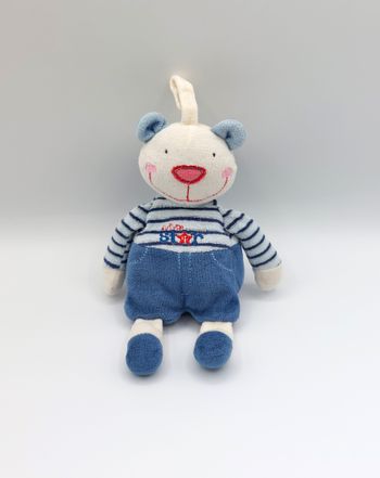 Doudou ours blanc bleu marine Dodo d’amour MGM grelot étoile rouge star attache tétine
