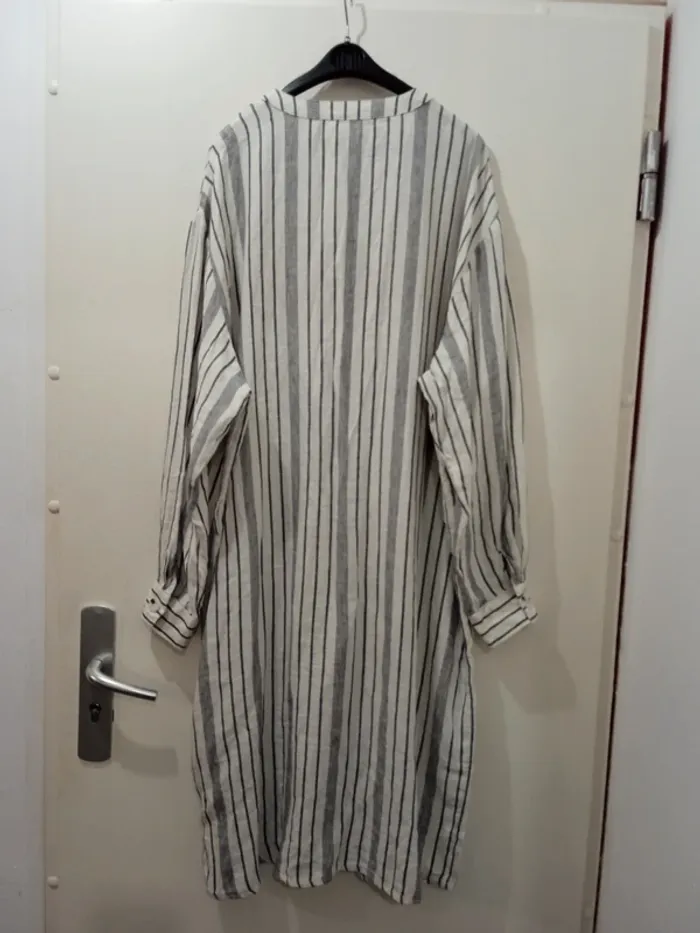 Robe femme camaïeu lin été manches longues boutons a rayures blanches et noires taille XXL - photo numéro 2