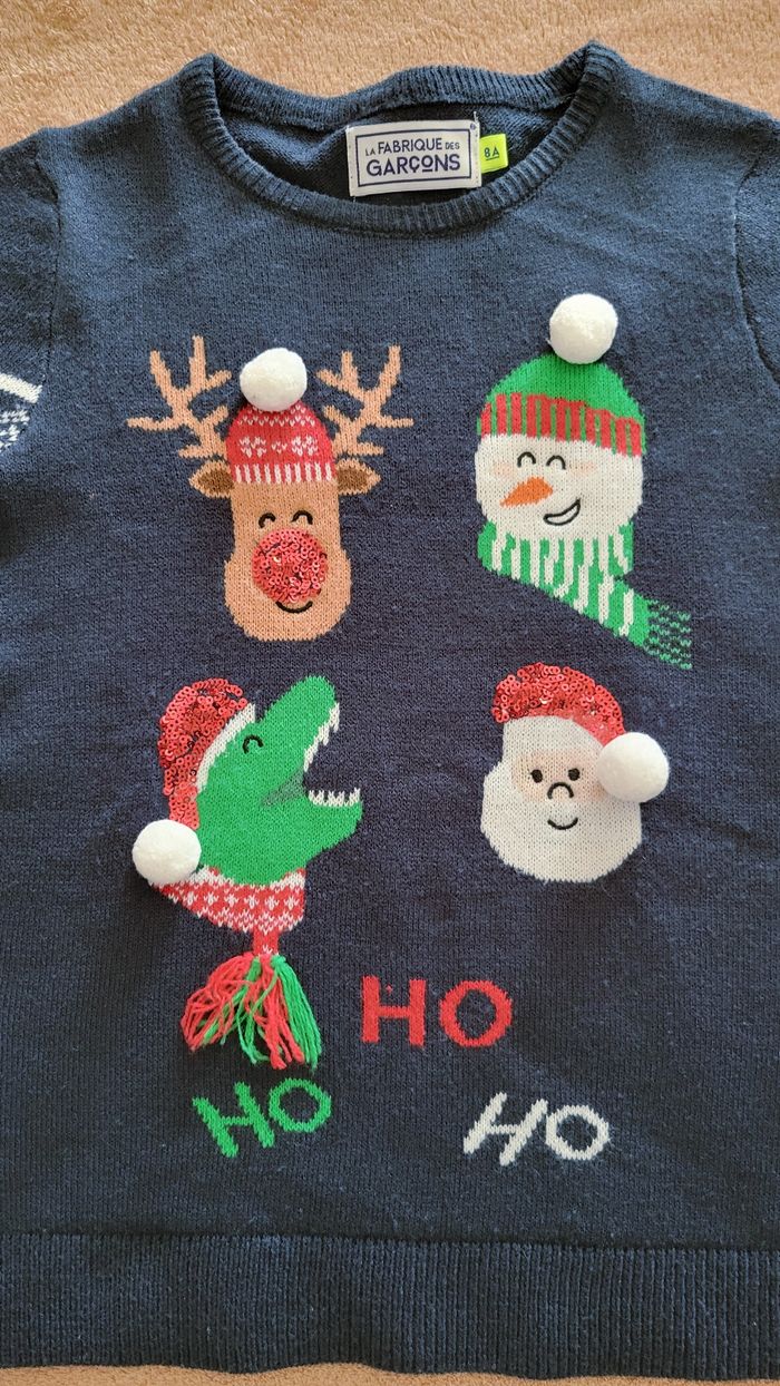 Pull de Noël 8 ans bleu marine dinosaure pompons et brillants - photo numéro 2
