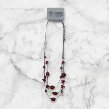 Collier réglable fil argenté-Perle rouge &bille de verre -neuf