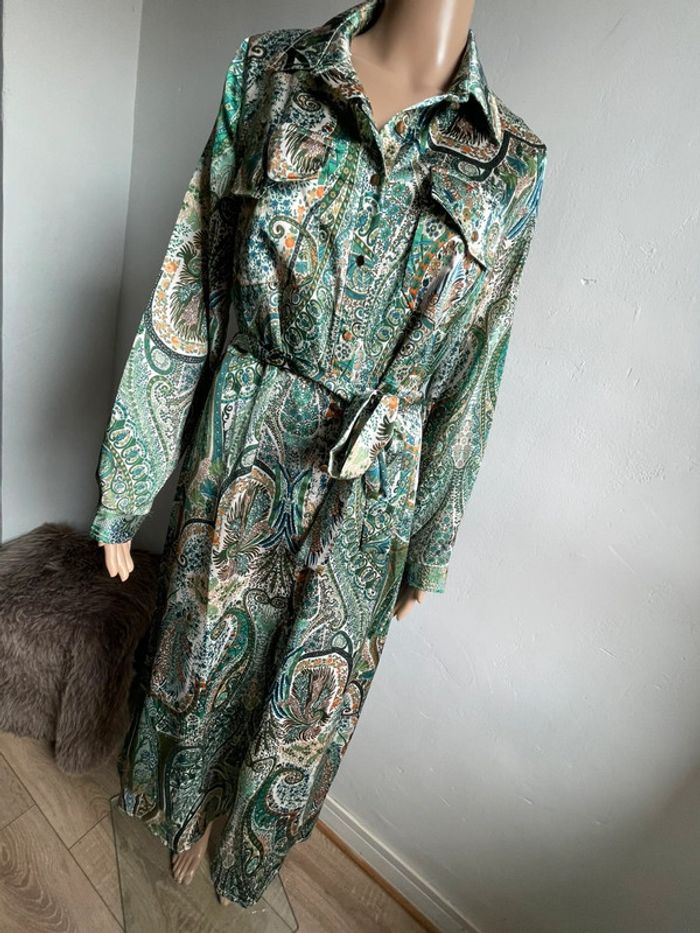 💚 Robe Chemise Longue Imprimé Paisley Vert & Blanc - Taille Unique, Excellent État 💚 - photo numéro 2