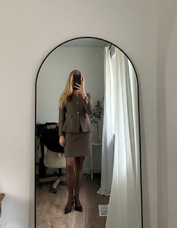 Ensemble tailleur jupe marron chiné - Style "Old Money" et boutons dorés