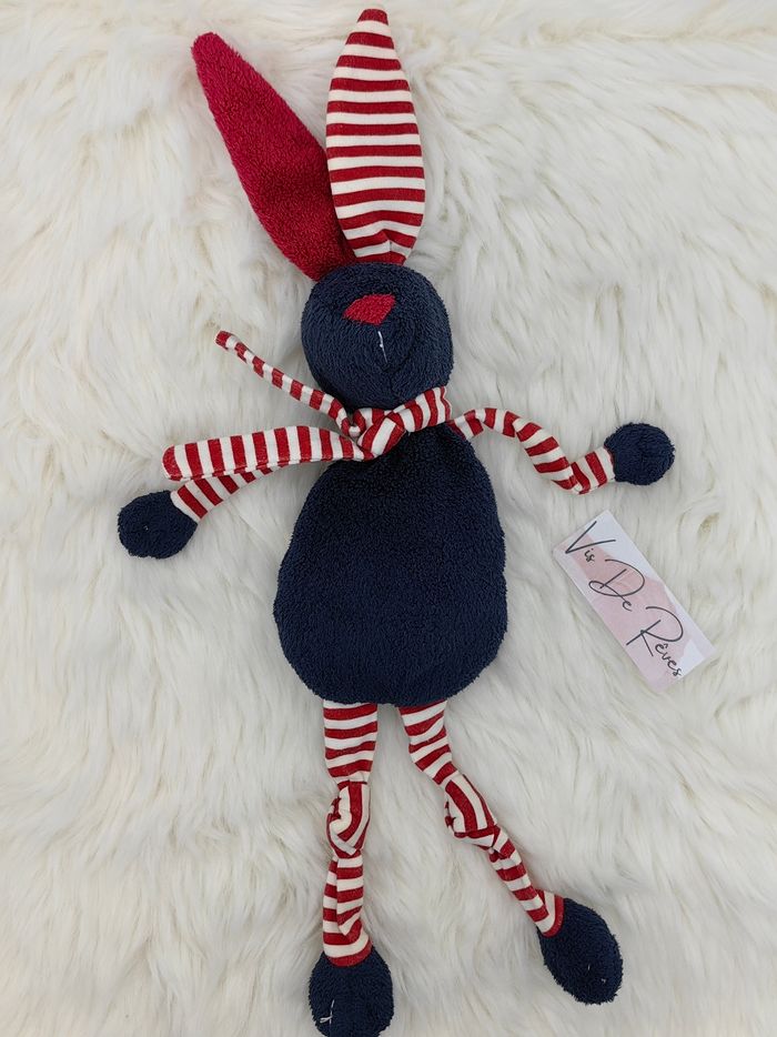 Doudou lapin Bout'chou Bleu marine, rouge et blanc. - photo numéro 2