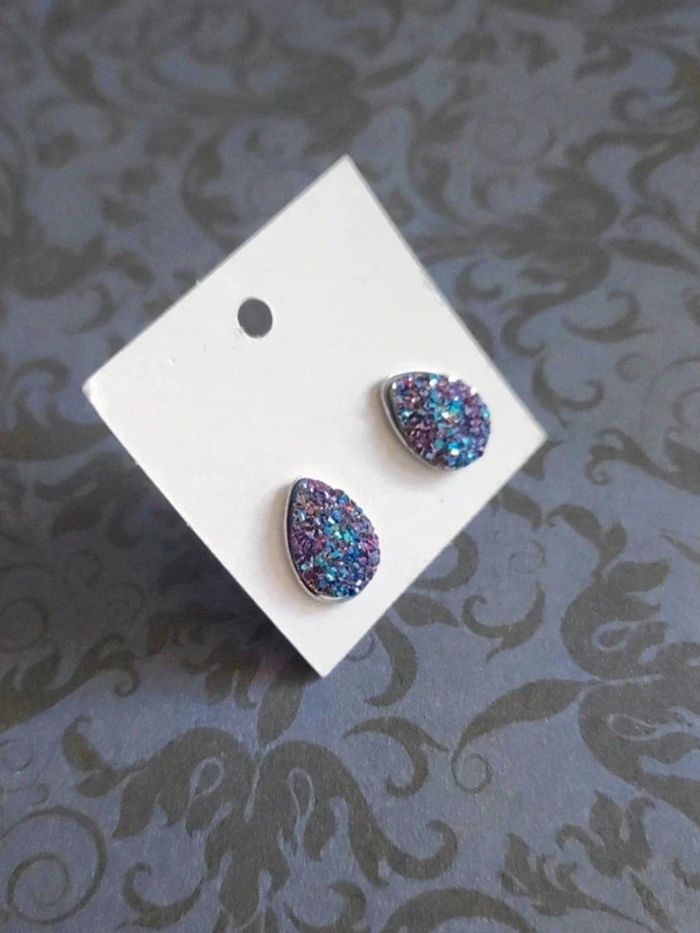 Boucles puces d'oreilles goutte strass rose bleu inox 🇨🇵 Fabrication Artisanale - Ø 12mm - photo numéro 2