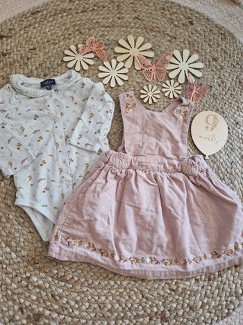 Ensemble body col dentelle fleurie et robe rose en velours sergent major bébé fille 9 mois