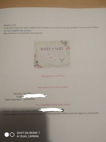 Carte cadeau le comptoir des graines de 20€