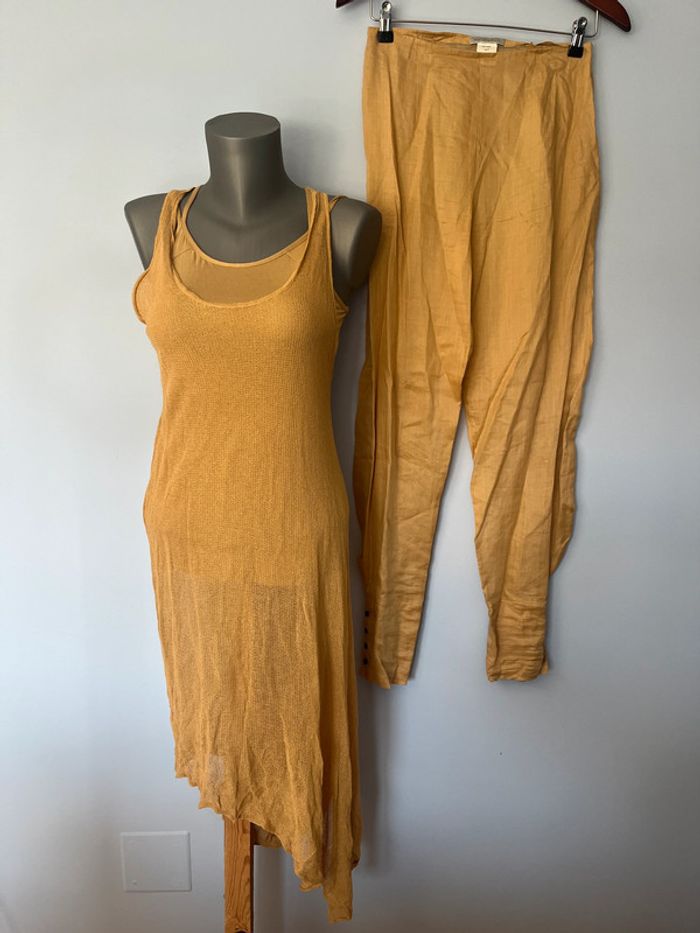 Ensemble 3 pièces Sarah Pacini - Beige/Sable - Robe transparente + débardeur + pantalon