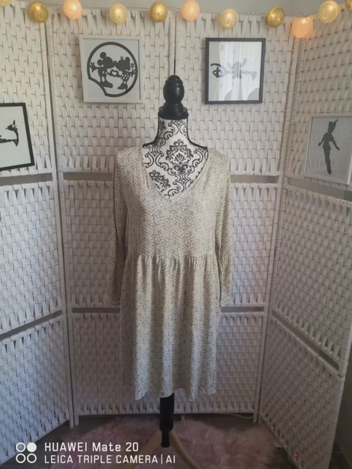 💕Jolie Robe trapèze Etam Motifs fantaisie vert pâle et écru - femme Taille 38 (M)💕