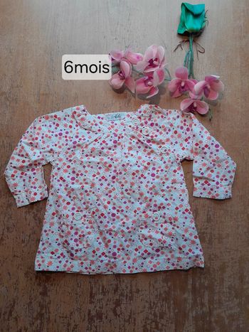 Tee-shirt blouse 6 mois coton fille rose et blanc à fleurs 🌸