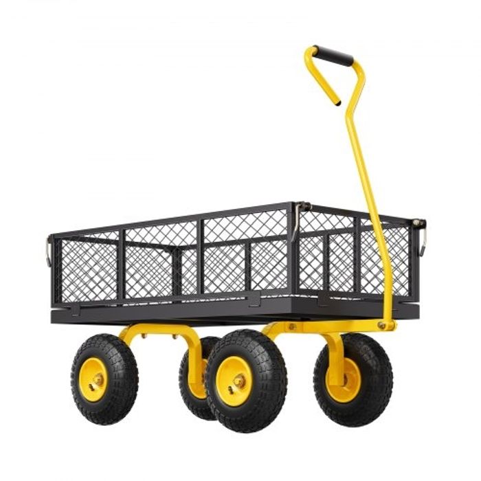 VEVOR Chariot de Jardin Transport, Charge 408,23 kg, Chariot Utilitaire Robuste Tractable Extérieur en Métal avec Pneus 254 mm, Côtés Amovibles en Maille Réglables, Poignée Rotative 180°, Jaune Noir - photo numéro 4