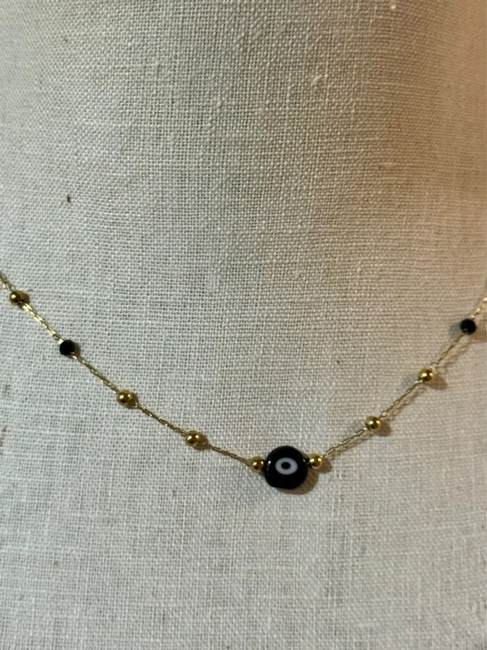 Collier chaîne boules et perles noires œil noir résine - photo numéro 2