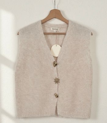 Gilet sans manches écru \ crème - Boutons bijoux fantaisie (TU)